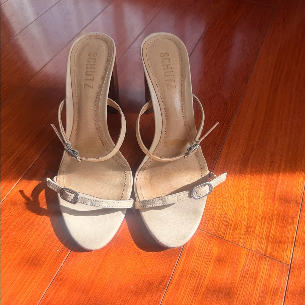 SCHUTZ Nude Strappy Buckle Heel Sandals
